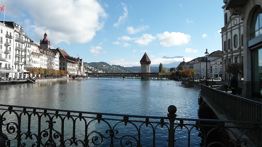 lucerne, kappel bridge, water tower, reuss, river, blue, switzerland HD wallpaper