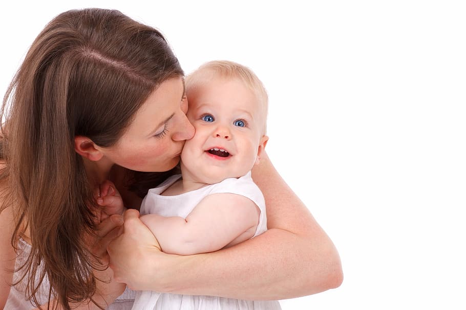 woman kissing baby, care, caucasian, cheek, child, childhood