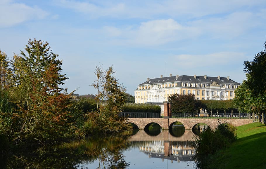 castle, baroque, brühl, garden, pond, park, plant, lake, water HD wallpaper
