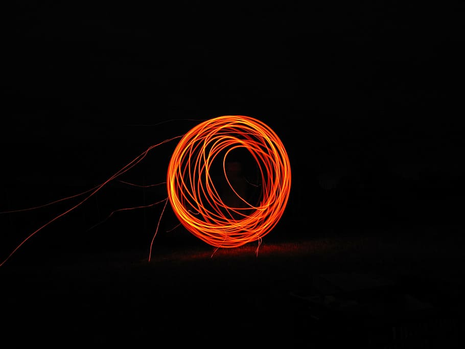 steel wool photography, fire, brand, sky, flame, glow, wood fire, HD wallpaper