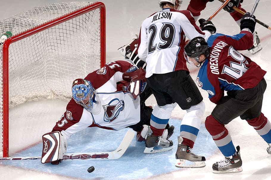 Colorado Avalanche players playing, ice hockey, goalie, sport, HD wallpaper