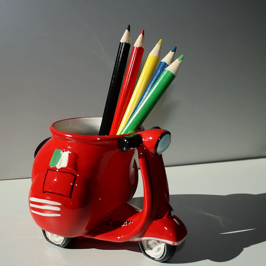 pencils, colors, colorful, red, still life, indoors, close-up HD wallpaper