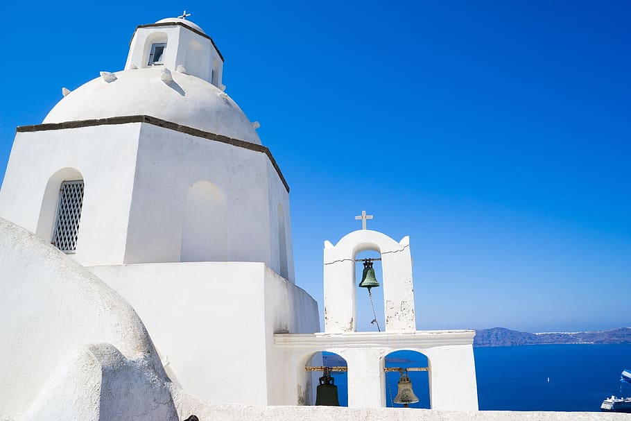 white concrete structure during daytime, Santorini, Chapel, Greece, HD wallpaper