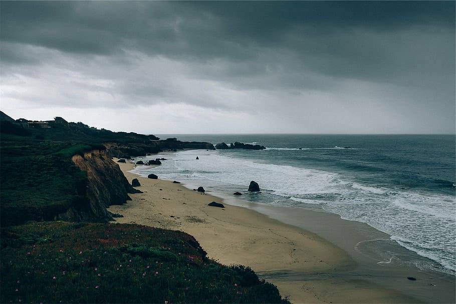 rock formation near the ocean, sea, shore, photo, stormy, time HD wallpaper