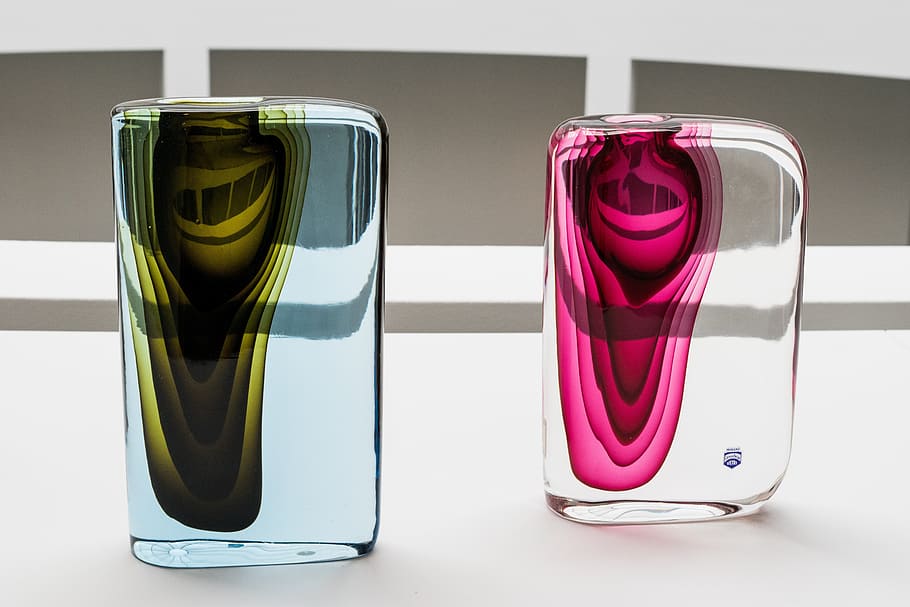 two clear glass paper weights on table, crock, vase, crafts HD wallpaper