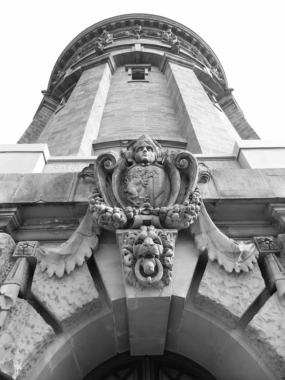 water tower, architecture, building, mannheim, black and white HD wallpaper