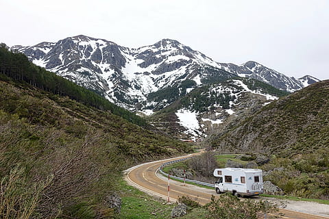 white class C motor home traveling on road, motorhome, camper HD wallpaper