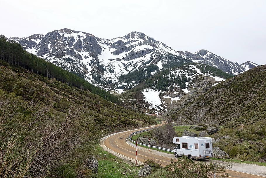 white class C motor home traveling on road, motorhome, camper HD wallpaper