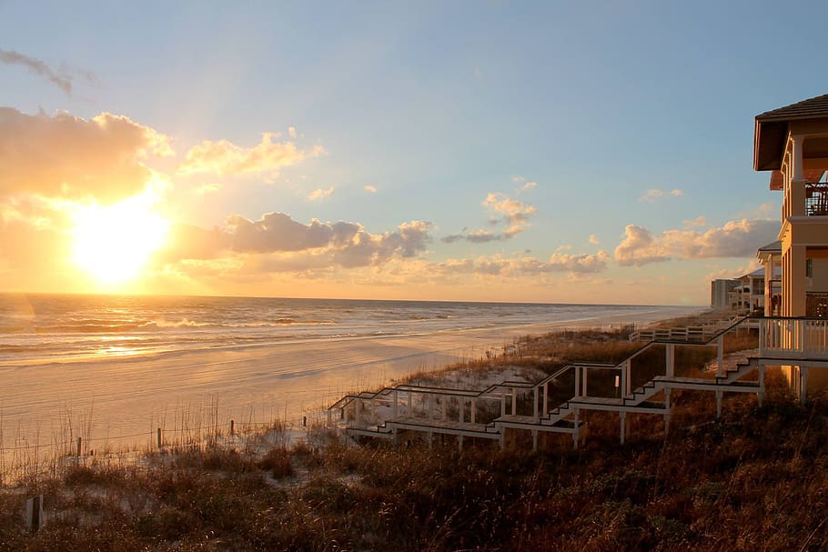 sunset, outdoors, panoramic, dawn, water, beach, sky, horizon HD wallpaper