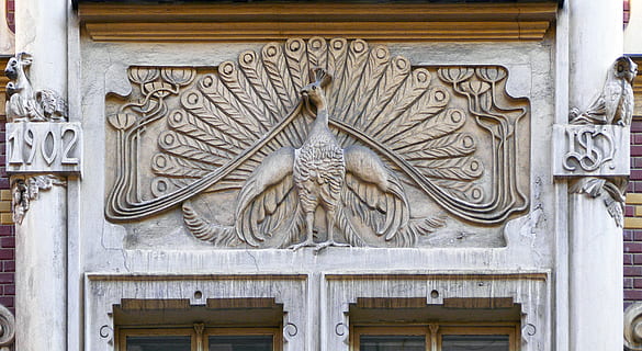 peacock wall emblem art, facade, architecture, detail, house facade HD wallpaper