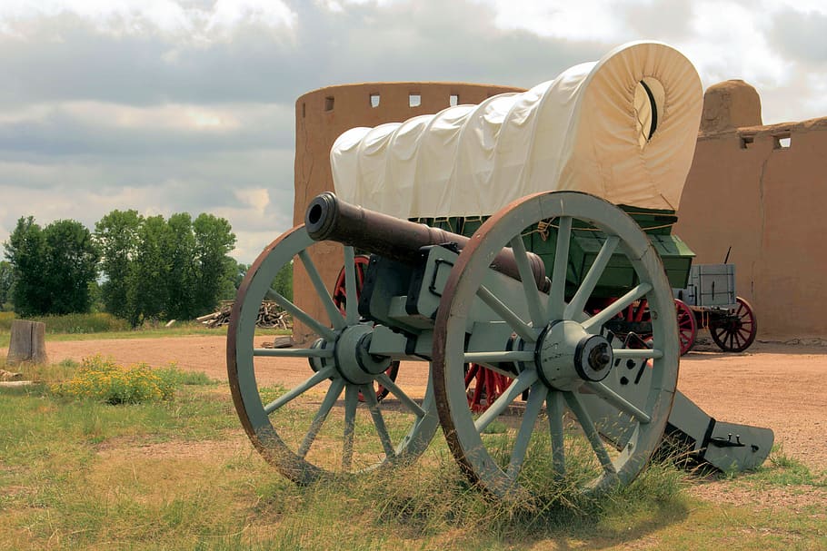 bent's old fort, trading post, colorado, cannon, wagon, covered, HD wallpaper