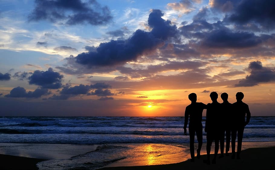 silhouette of four person facing the ocean, sunset, beach, sand HD wallpaper