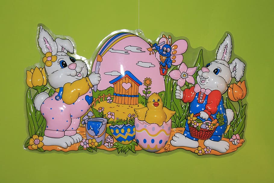 easter bunny, easter egg, figures, funny, illustration, animal HD wallpaper