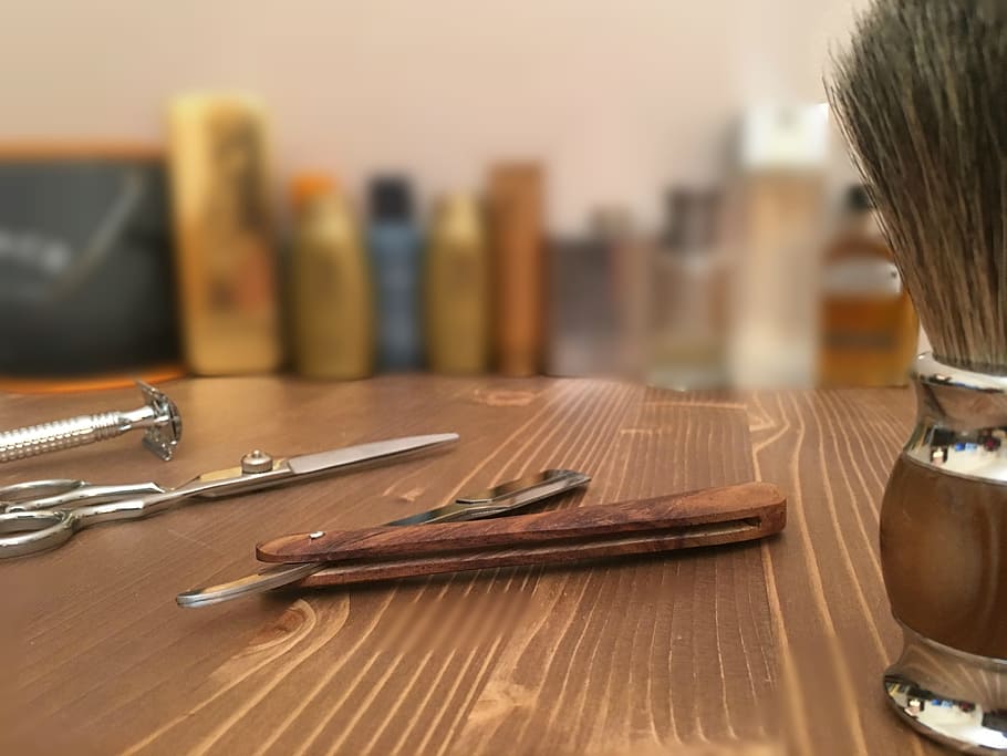 wood, table, barbershop, tools, indoors, focus on foreground, HD wallpaper