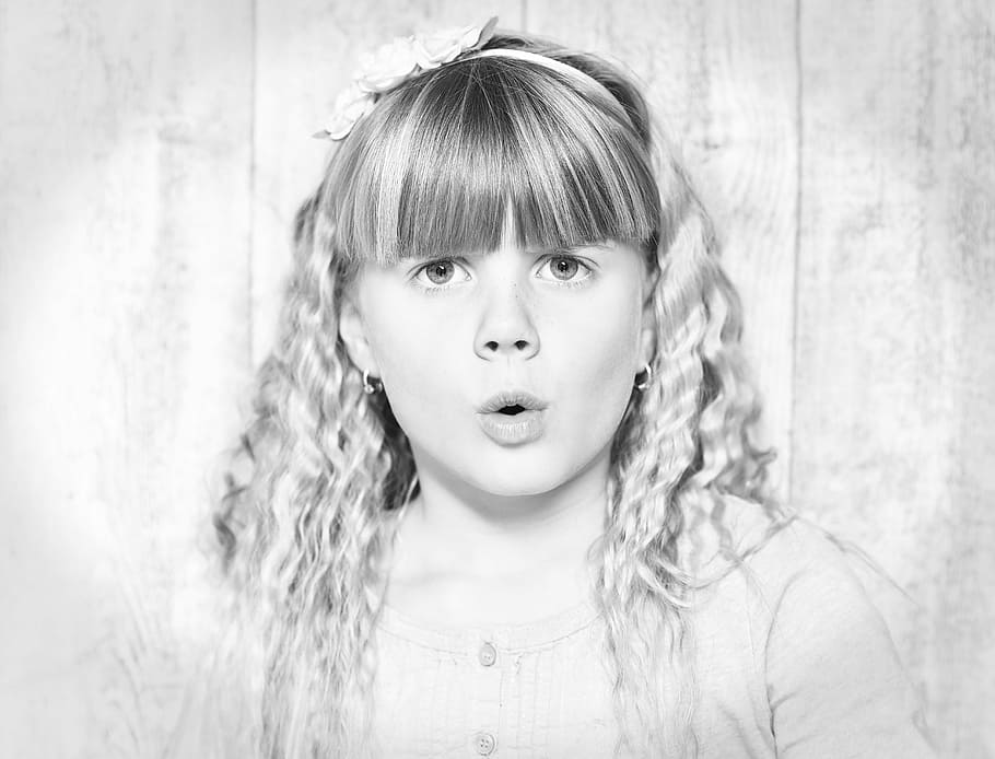 child, girl, face, expression, black and white recording, portrait HD wallpaper