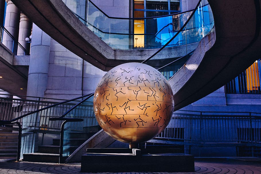 globe statue inside building, brown globe metal decor, ball, sphere HD wallpaper