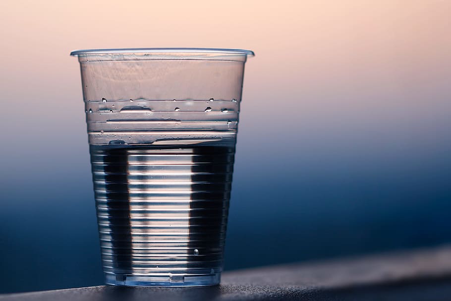 Clear Plastic Cup on Gray Surface, closeup, drink, drinking water HD wallpaper