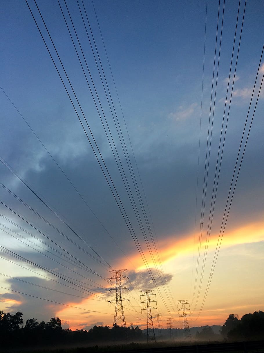dawn, sky, clouds, trees, cable, current, dusk, electric, energy HD wallpaper