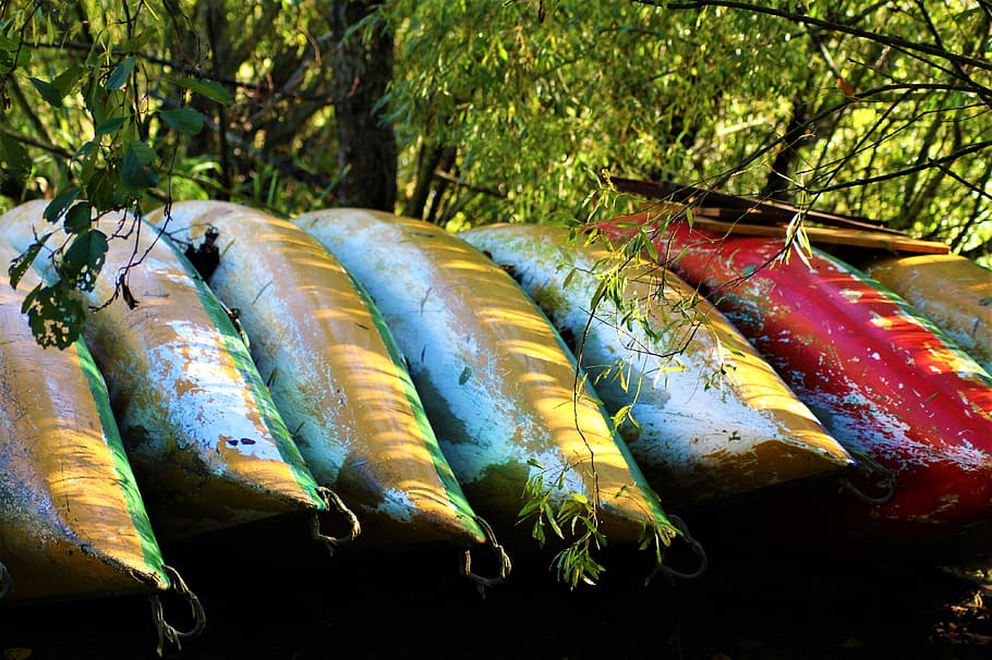 canoeing, boot, lakeside, stack, collect, collection, nature HD wallpaper