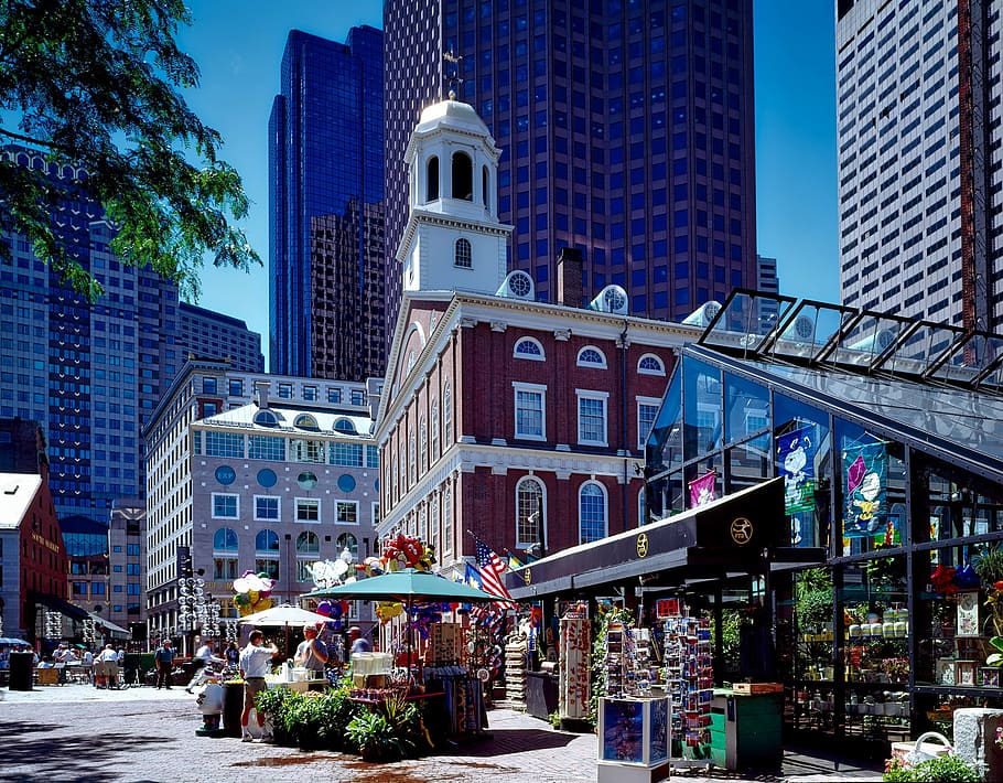 man's eye view of red concrete building, boston, massachusetts