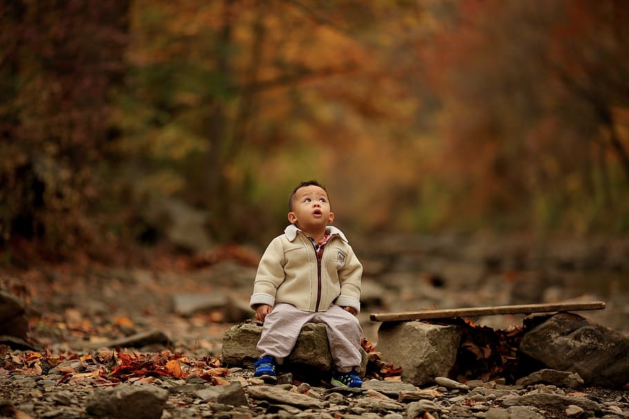 boy wearing brown jacket sitting on stone during daytime, kid HD wallpaper