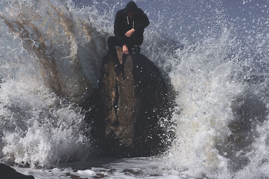 waves, ocean, sea, beach, people, man, fashion, black, rock HD wallpaper