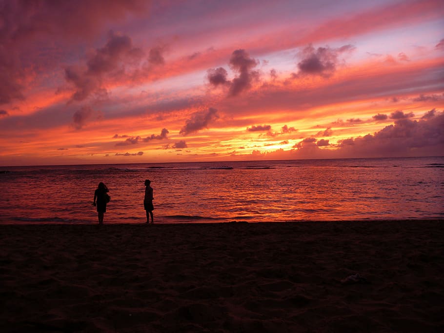 hawaii, sunset, tropical, evening, beach, sky, land, sea, water HD wallpaper