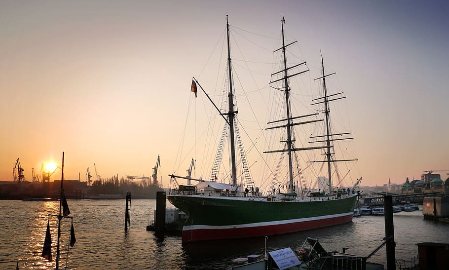 boot, waters, ship, sunset, sailing vessel, frigate, port, hamburg HD wallpaper