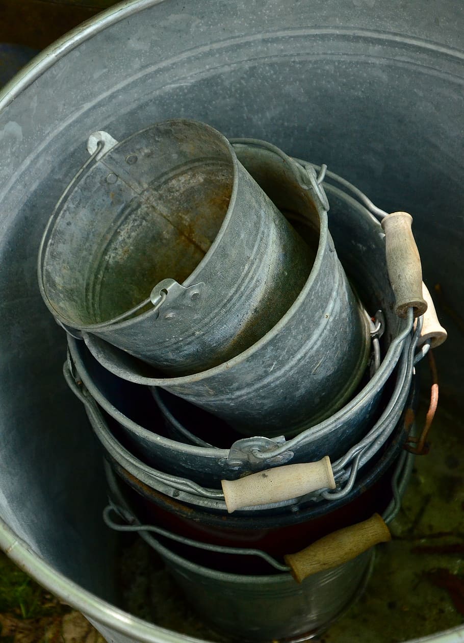 sheet, metal bucket, old, stack, vessels, garden, used, grey HD wallpaper