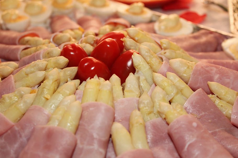 eat, asparagus, tomatoes, buffet, food, gourmet, white asparagus HD wallpaper