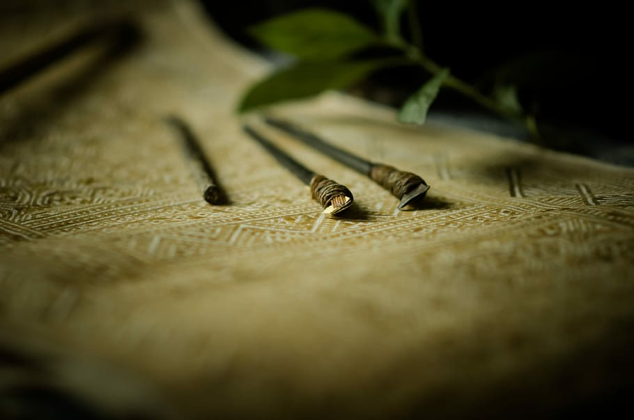 selective focus photography of three sharp tools, textile, artist HD wallpaper