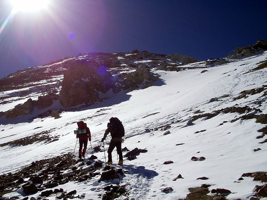two hikers hiking on mountains covered by snow, aconcagua, expedition, HD wallpaper