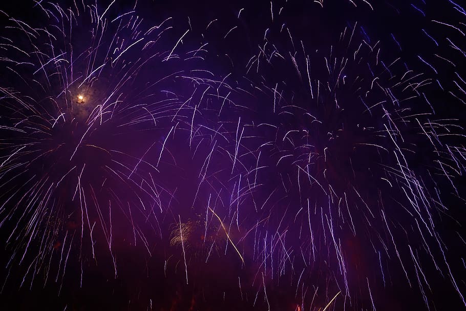 purple and yellow fireworks, rocket, violet, new year's eve HD wallpaper