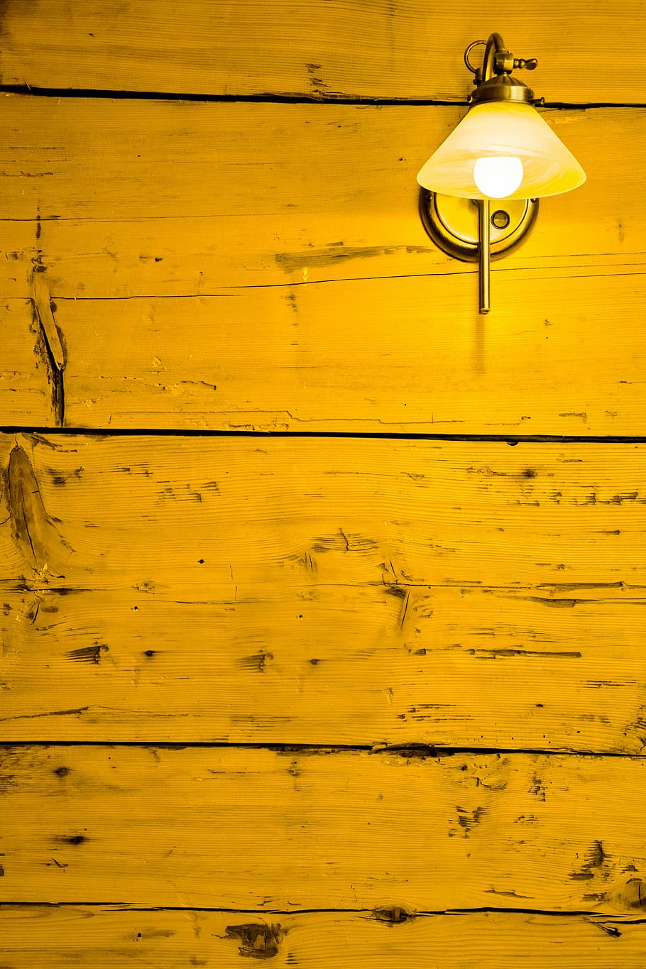 yellow wall lamp, replacement lamp, light, wood, boards, raw