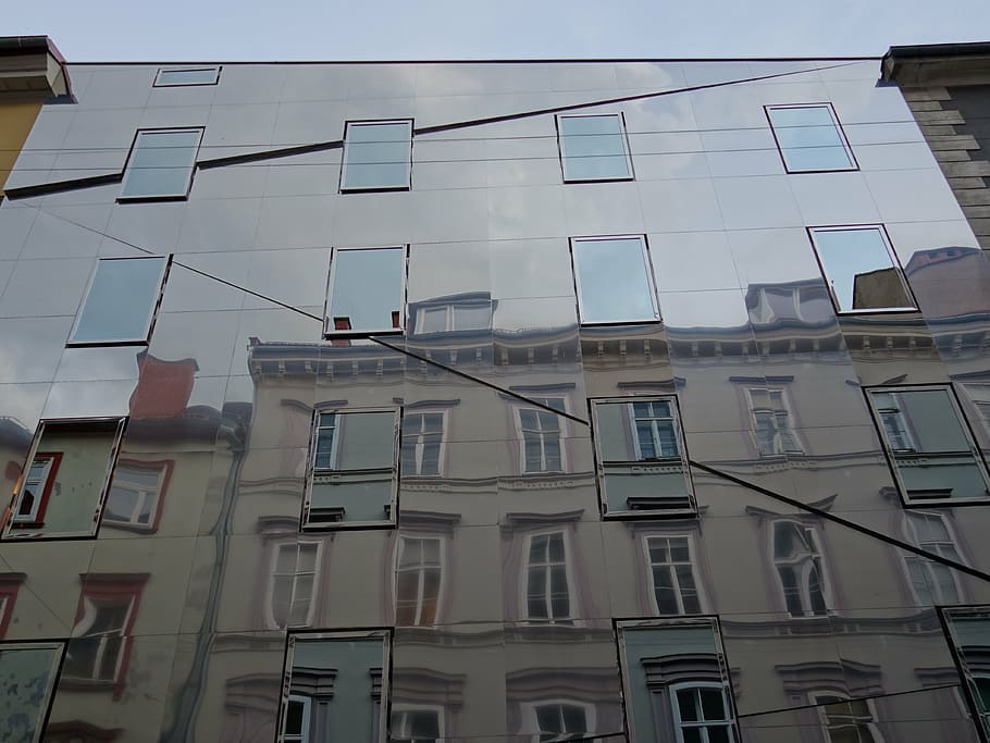 facade, mirror, architecture, home, reflection, graz, built structure HD wallpaper
