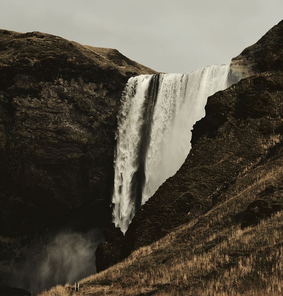 waterfalls landscape during daytime, waterfalls near brown rocky mountain HD wallpaper