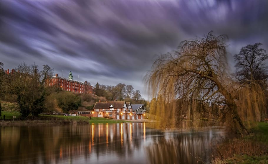 time lapse photography of cloud, boathouse, water, reflection HD wallpaper