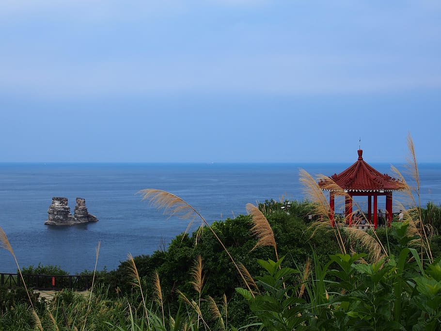 taiwan, summer-house, rock, grass, sea, ocean, sky, nature