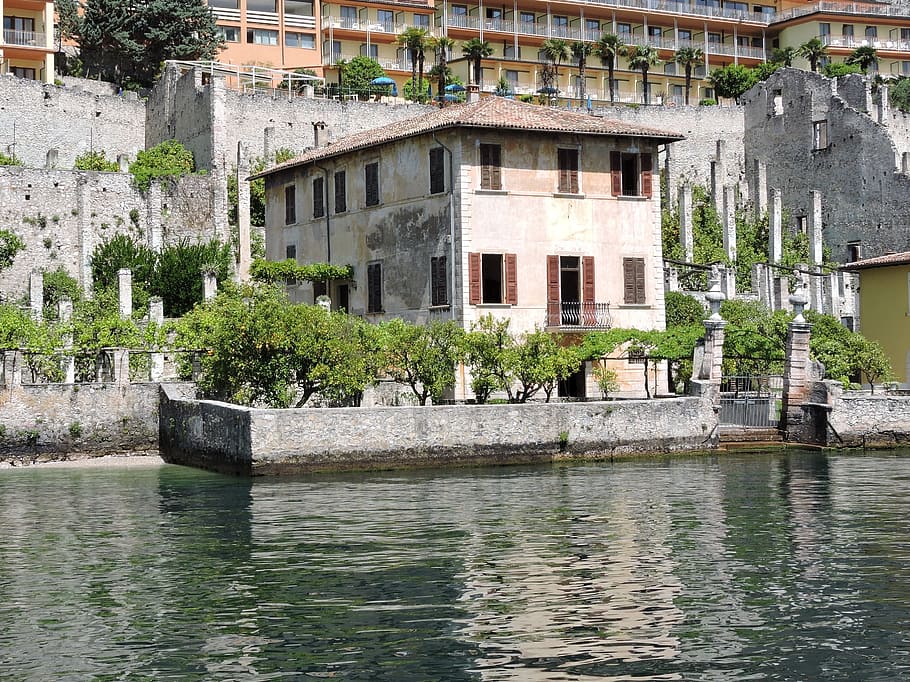 lake, house, trees, lemon on garda, water, architecture, built structure HD wallpaper