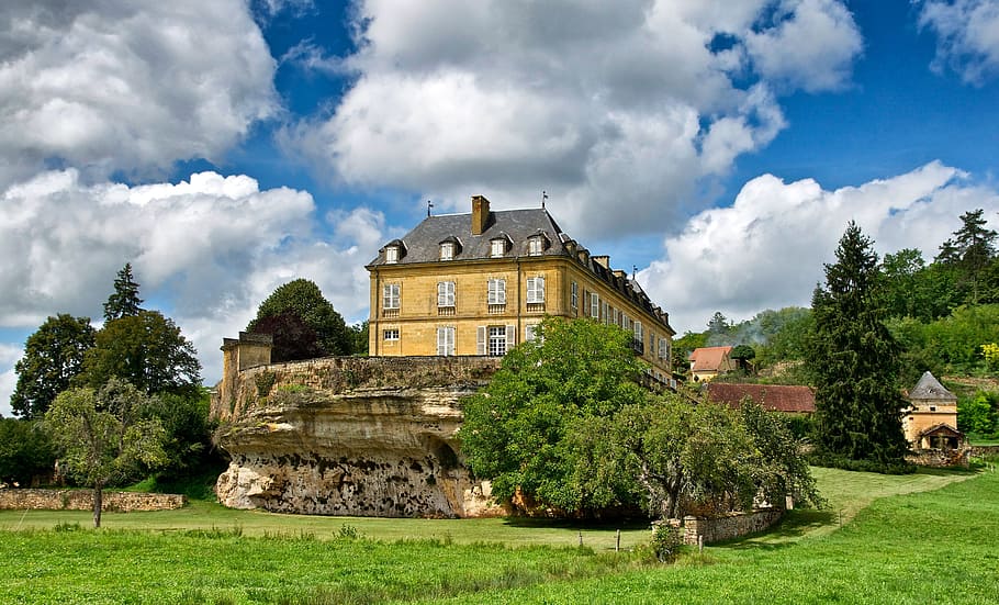 dordogne, france, chateau du roc, palace, mansion, sky, clouds, HD wallpaper