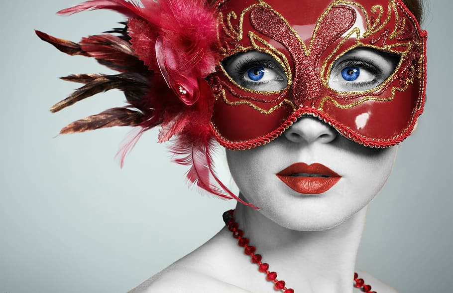 woman wearing red masquerade mask, venetian, disguise, face, mystery, HD wallpaper