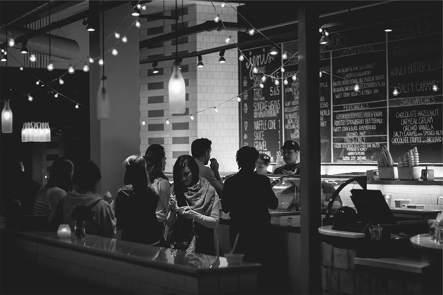 grayscale photo of people standing near table, counter, restaurant, HD wallpaper