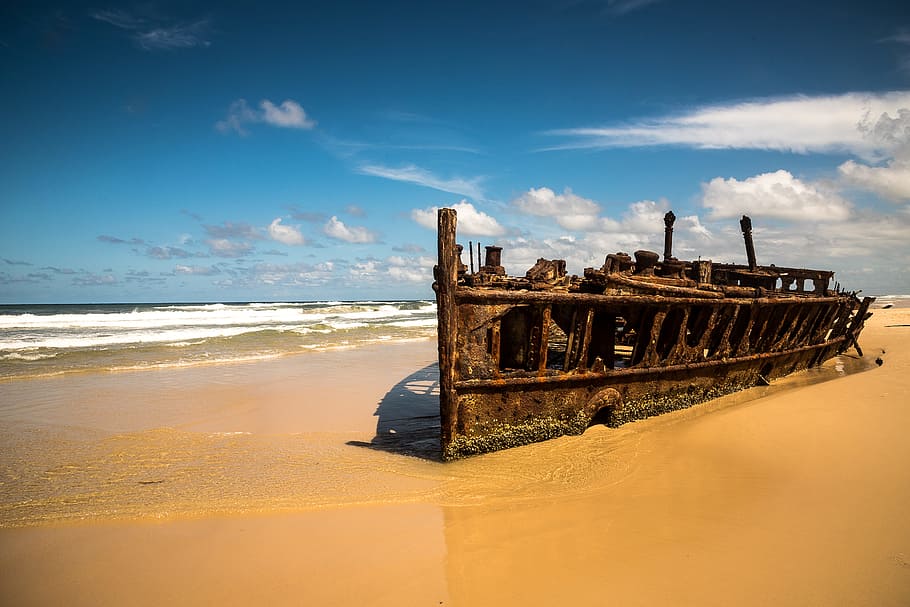 brown shipwreck on coast during daytime, brown ship wreck near shoreline during daytime HD wallpaper