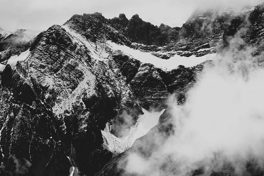 grayscale photography of glacier mountain with fogs, grayscale photography of mountain HD wallpaper
