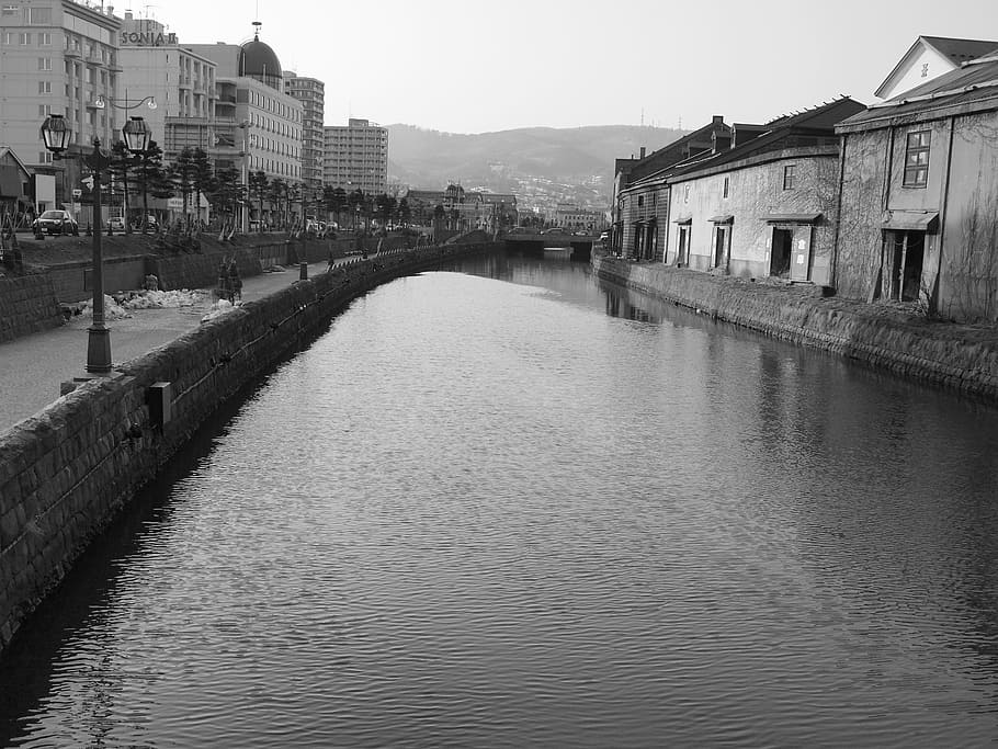 canal, otaru canal, black and white, japan, hokkaido, river, HD wallpaper
