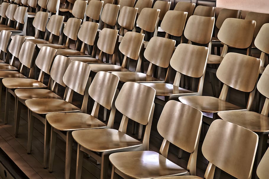 empty, sit, chairs, series, within, wood, abandoned, auditorium HD wallpaper