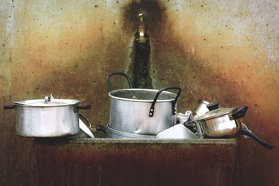 kitchen utensils on stone washing station, grey stainless steel cookwares paintings HD wallpaper