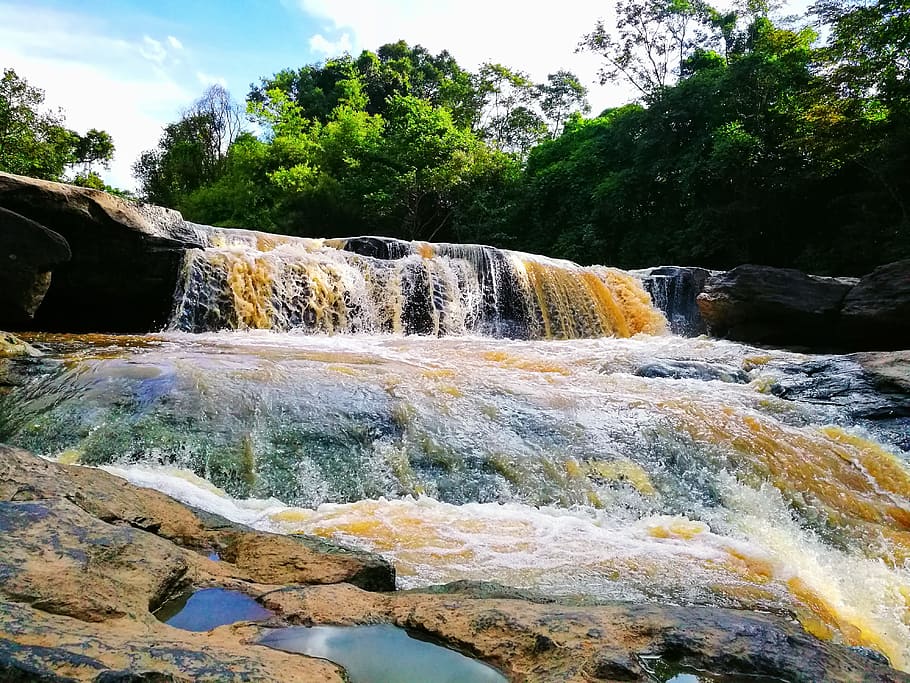 waterfall, nature, green, tree, bright, tour, flowing water HD wallpaper