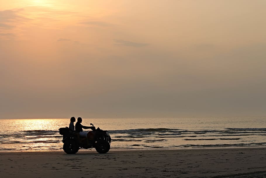 two persons riding ATV on seashore, quad, evening, beach, sunset HD wallpaper