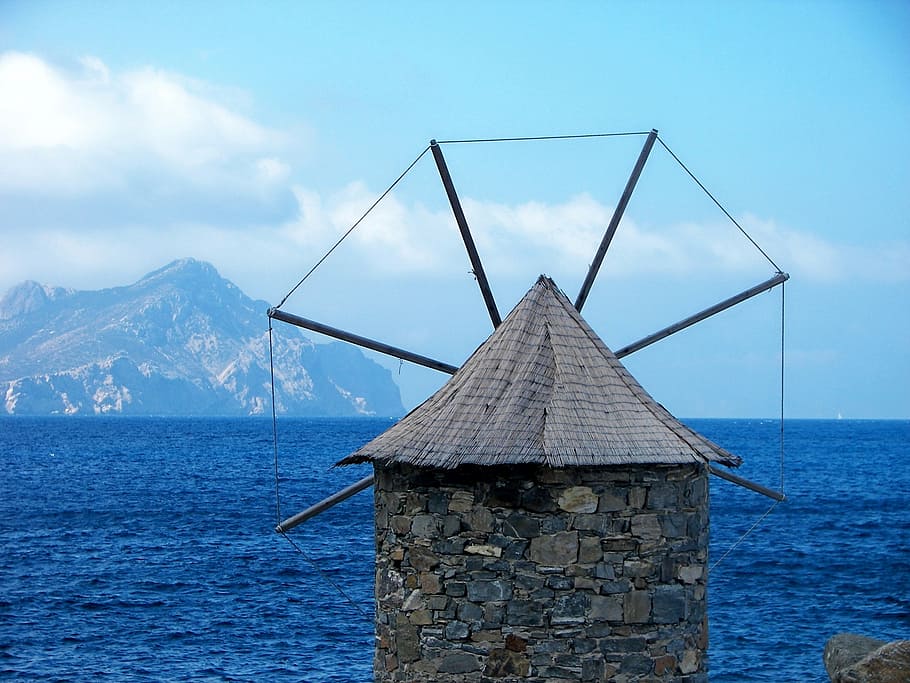 windmill, amorgos, cyclades, aegean sea, greece, sky, water, HD wallpaper